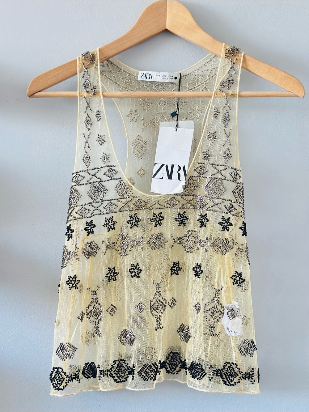 Zara | Trendy butter yellow Beaded Sheer Camisole